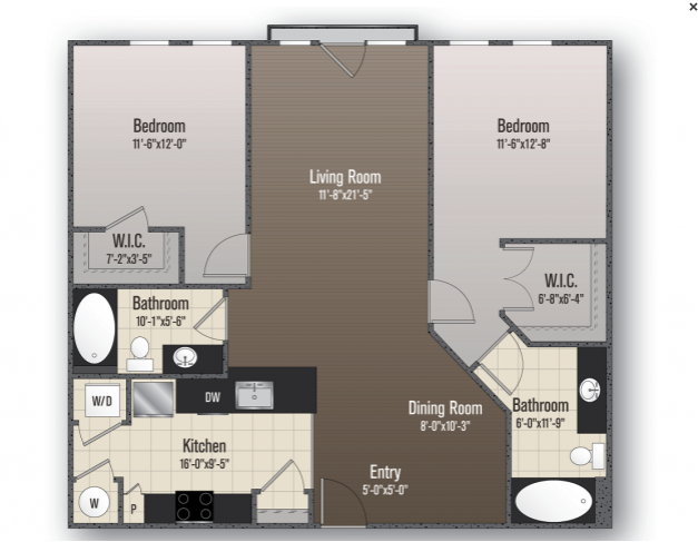 Floor plan for 2 beds, 2 baths, 1275 sqft